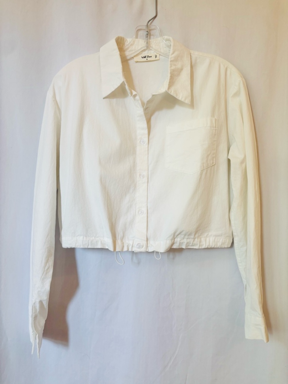 Cropped Button Down Shirt Drawstring Hem Cream Cotton M